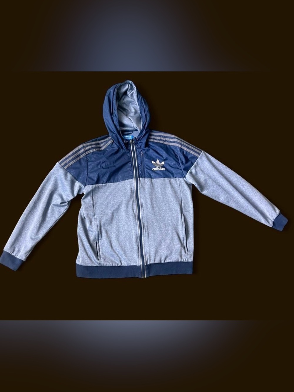 Adidas Blue & Grey Colorblock Hooded Athletic Track Jacket Medium